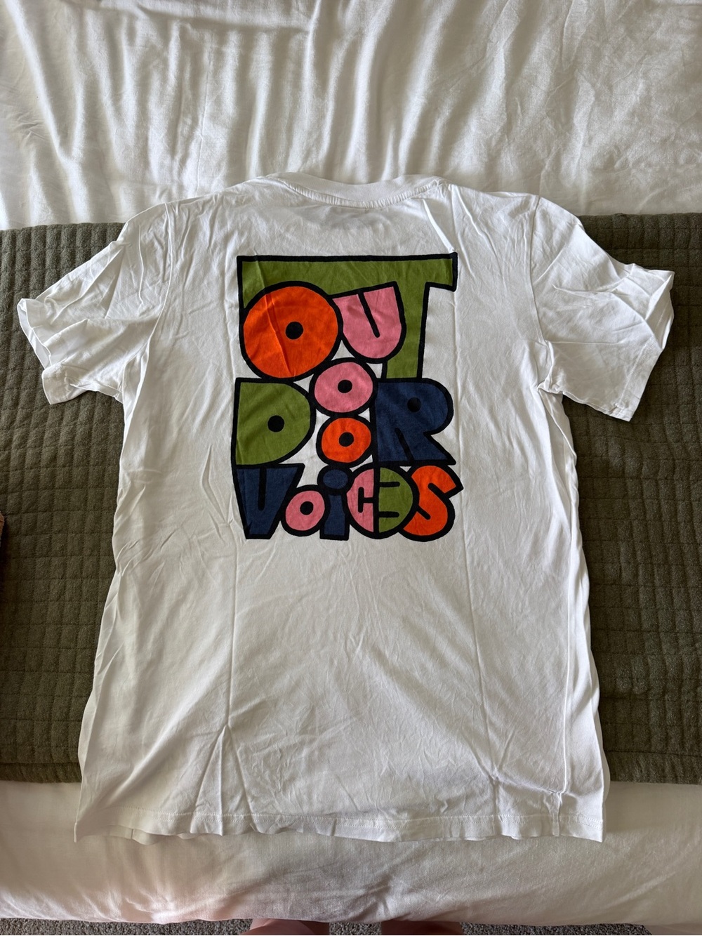 Outdoor Voices White Short Sleeve Tee with Multicolor Logo